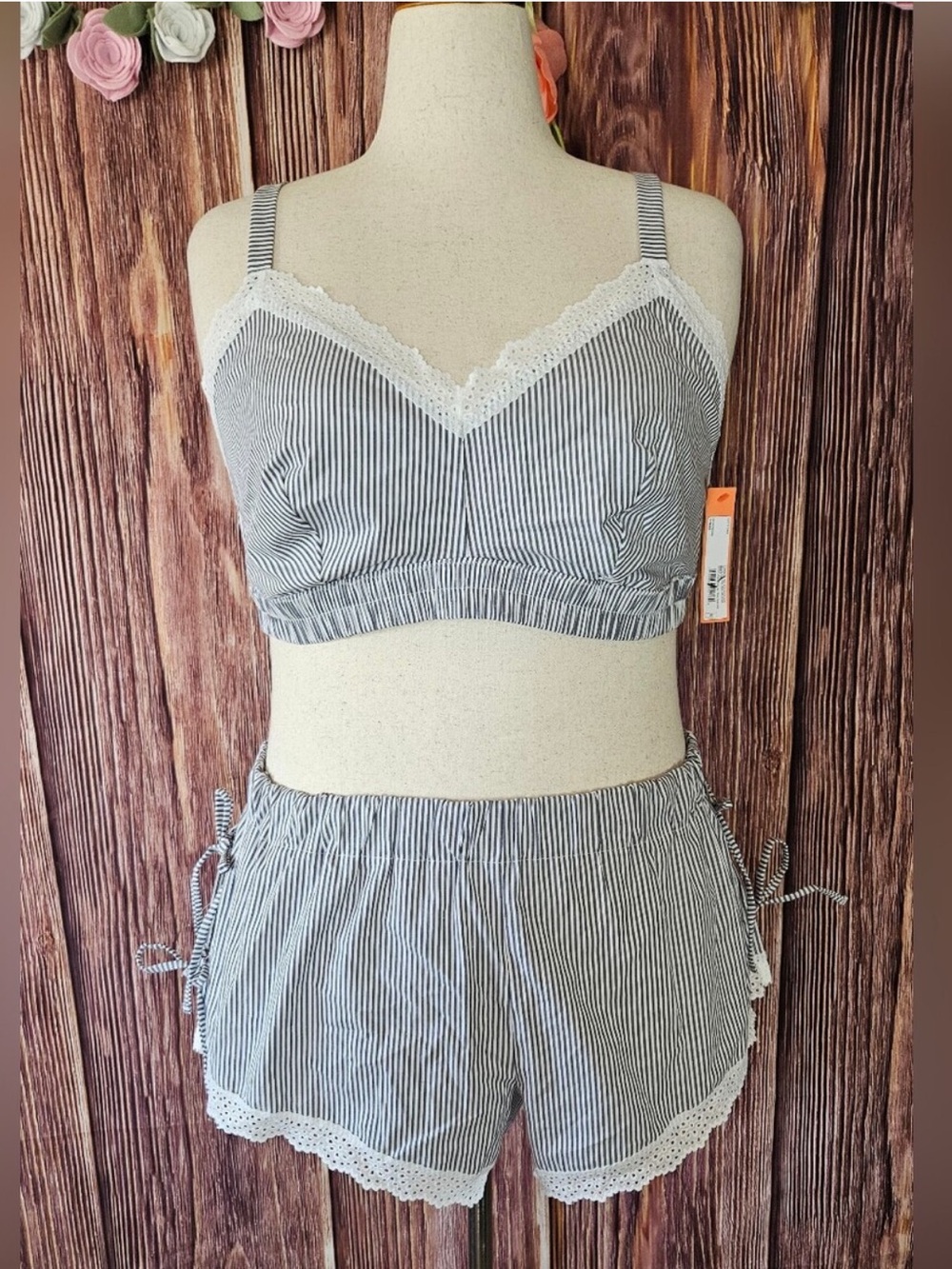 Colsie Pinstripe Lace Trim Bralette & Shorts Set